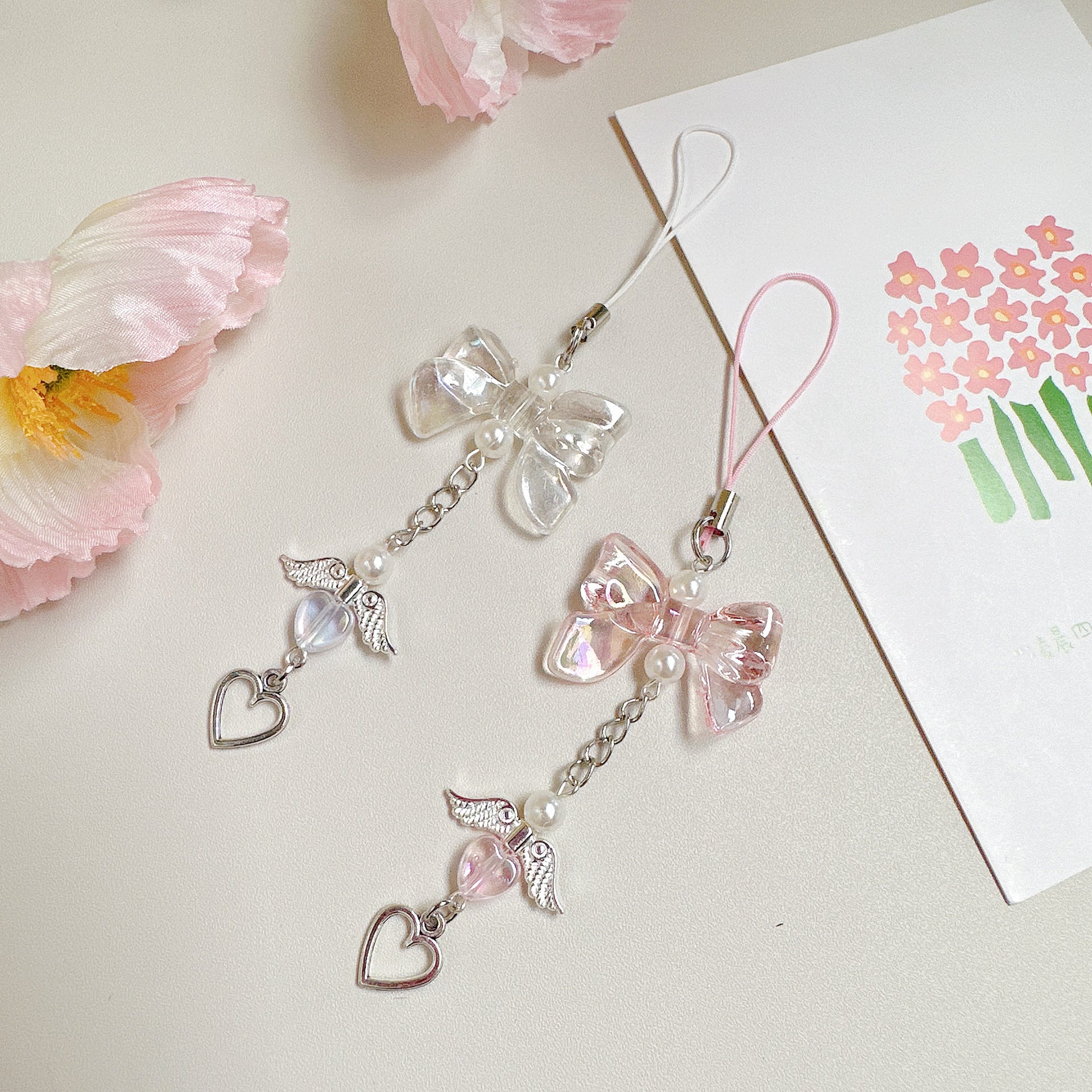 Acrylic Angel Wing Phone Charm Pastel Bow Pendant 4pcs 13cm 2