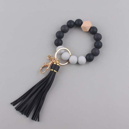 Silicone Beaded Wristlet Keychain with Leather PU Tassel in Pastel Colors 19