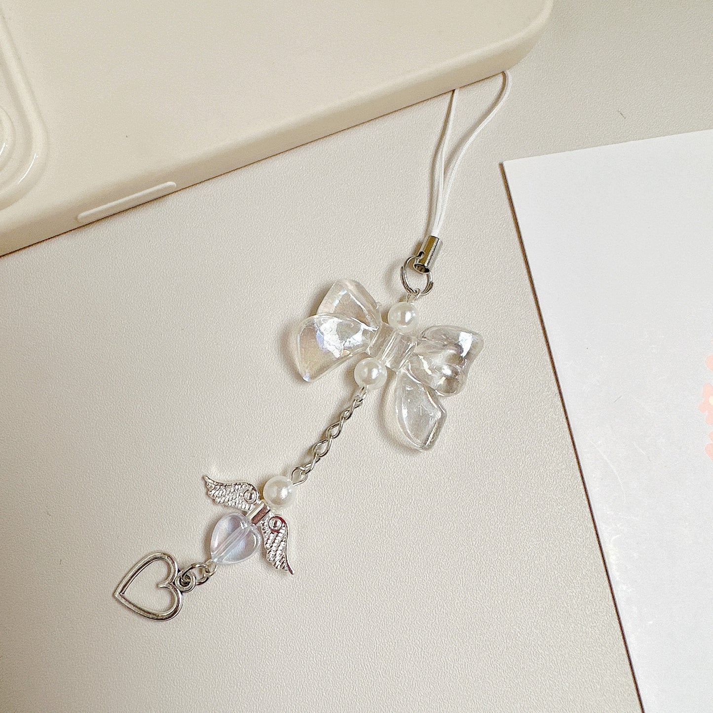 Acrylic Angel Wing Phone Charm Pastel Bow Pendant 4pcs 13cm 8