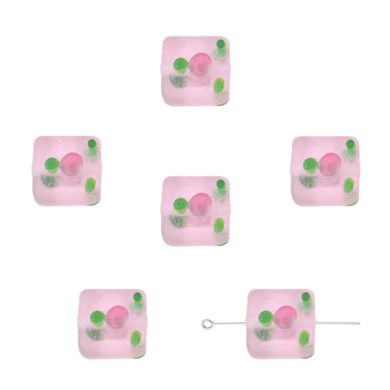 Frosted Square Glass Beads 12mm Hand-Painted Rose Design 4pcs 7