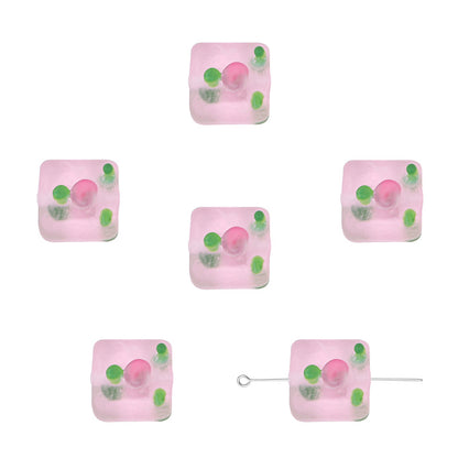 Frosted Square Glass Beads 12mm Hand-Painted Rose Design 4pcs 7