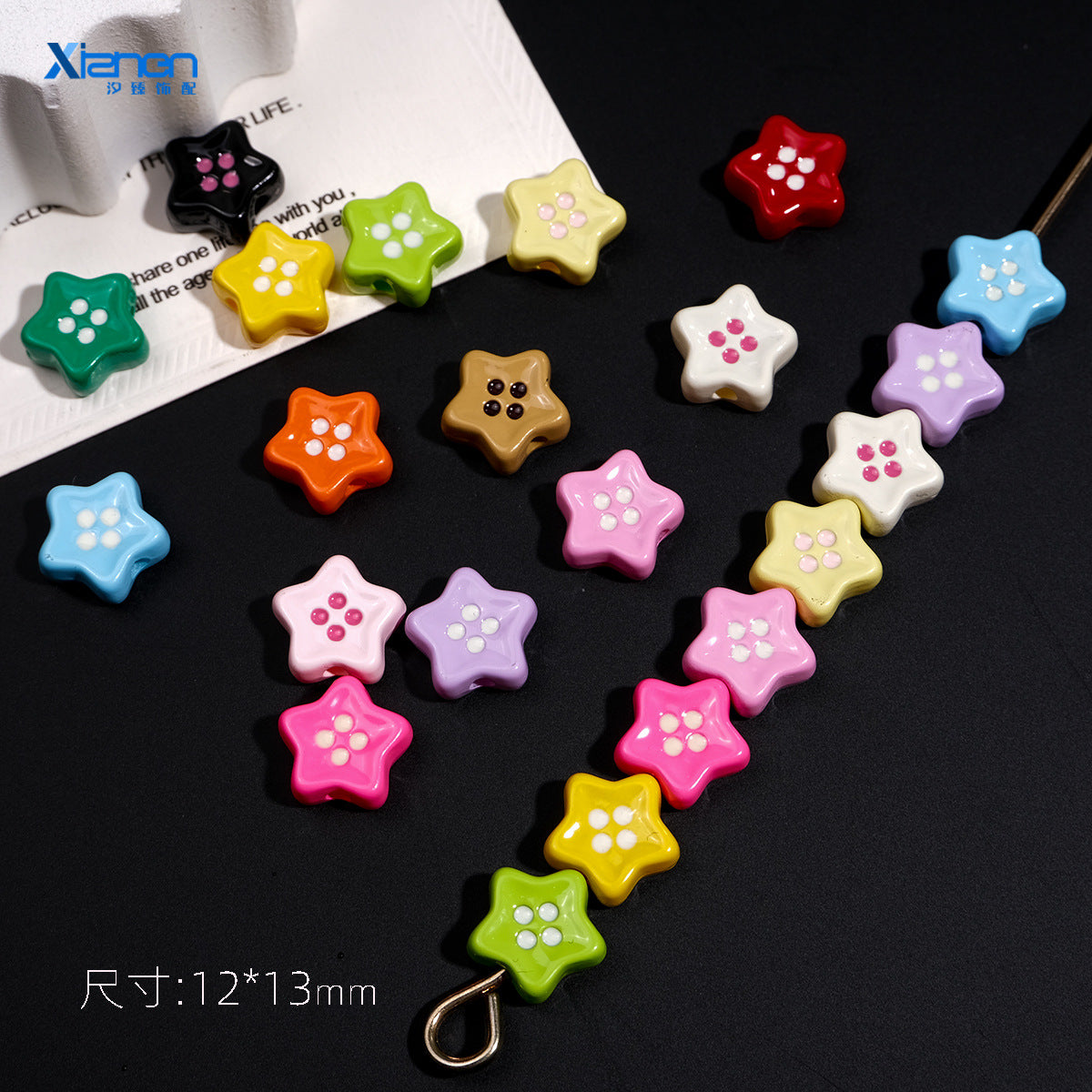 Painted Star Acrylic Beads 13mm Glossy Colorful Button 50pcs 19