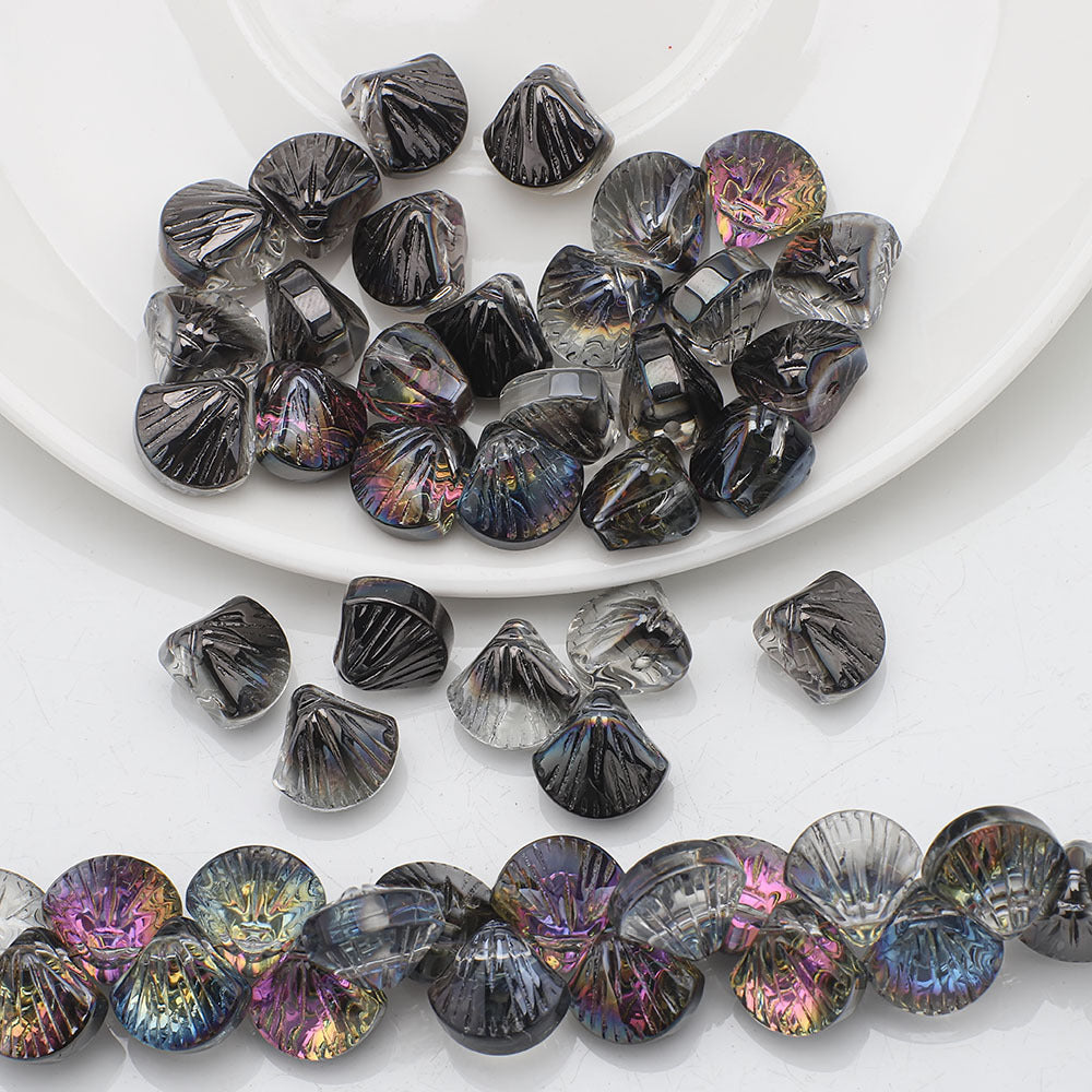 Electroplated Shell Glass Beads 10mm Glossy Ridged Surface 60pcs 14