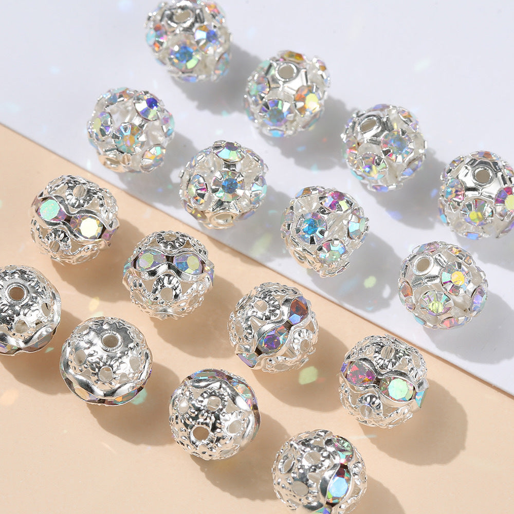 Floral Round Alloy Rhinestone Beads 6mm 8mm Silver Filigree 10pcs