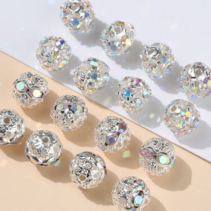 Floral Round Alloy Rhinestone Beads 6mm 8mm Silver Filigree 10pcs