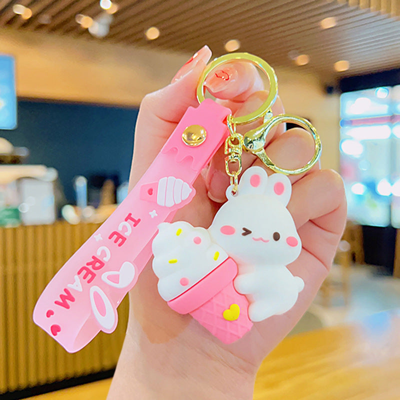 Soft Rubber Bunny Ice Cream Keychain Cute Pastel Colors