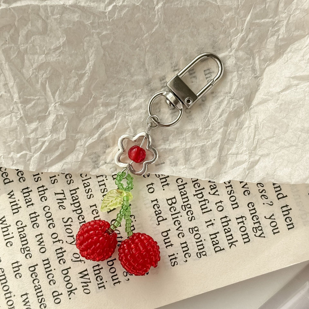 Beaded Cherry Phone Charm Glass Red Green 6cm 2pcs 4