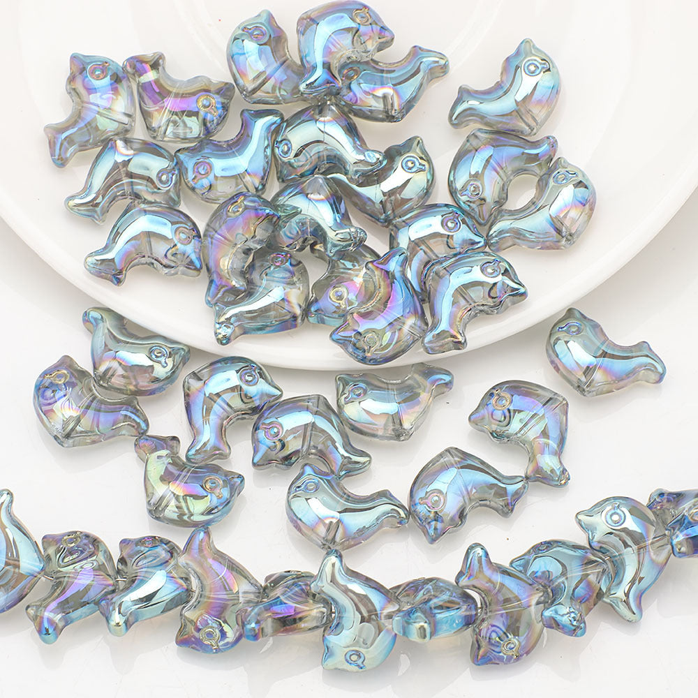 Plating 3D Dolphin Glass Beads 11x16mm Iridescent Colors 30pcs 9
