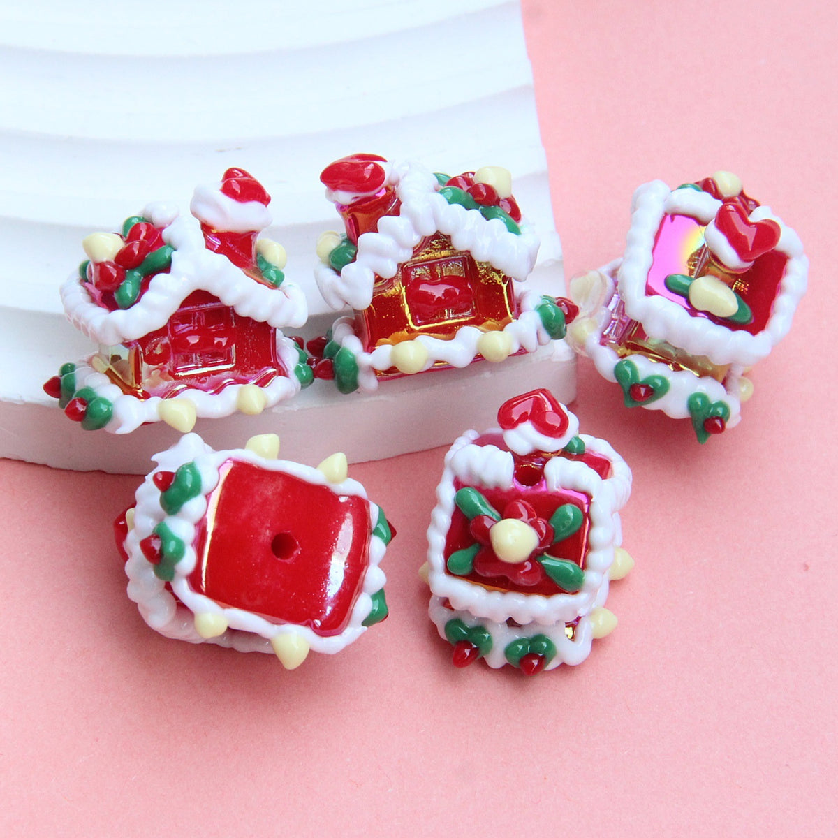 Hand Painted Acrylic Beads 3D Christmas Bells and Cabin 5pcs 6