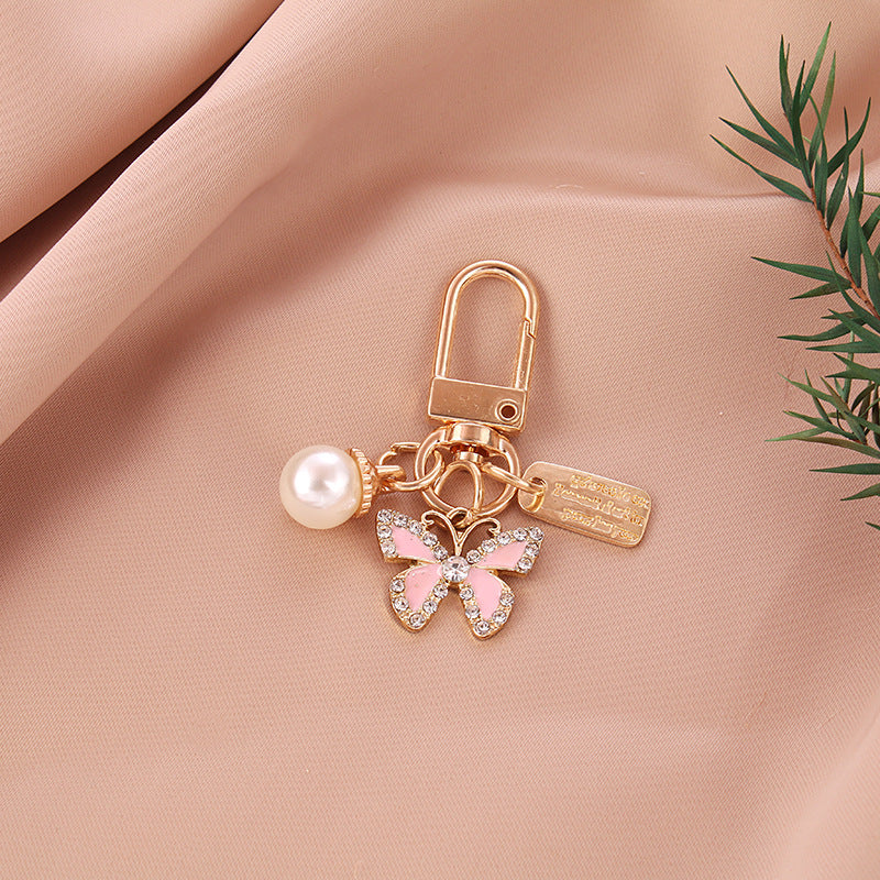Alloy Butterfly Keychain Cartoon Pearl Crystal Accent Metal 6