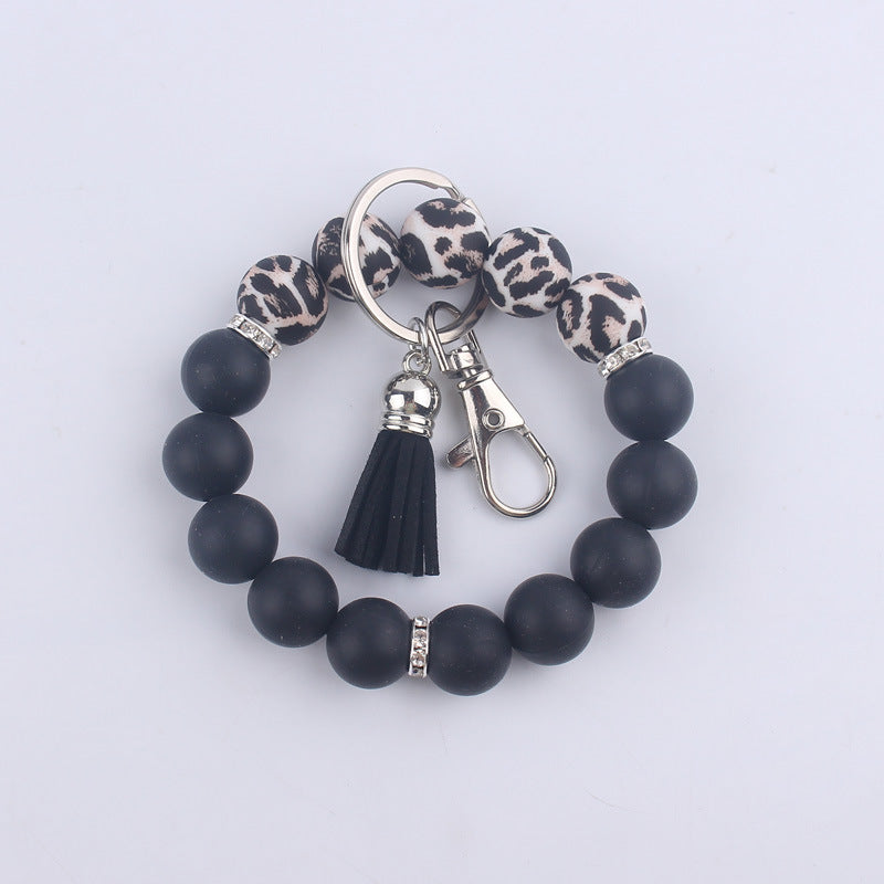 Tassel Leopard Print Silicone Bead Wristlet Keychain Soft Matte 9