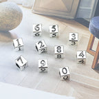 Square Metal Beads 7mm Number Engraved Polished Silver Tone 40pcs