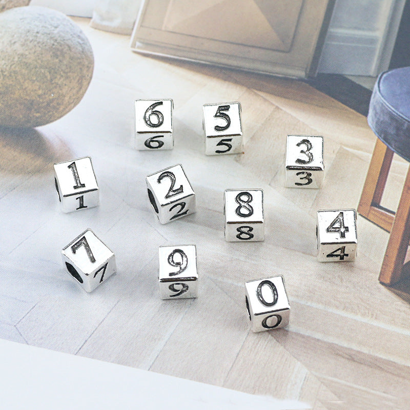 Square Metal Beads 7mm Number Engraved Polished Silver Tone 40pcs