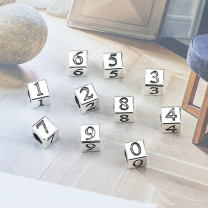 Square Metal Beads 7mm Number Engraved Polished Silver Tone 40pcs