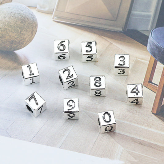 Square Metal Beads 7mm Number Engraved Polished Silver Tone 40pcs