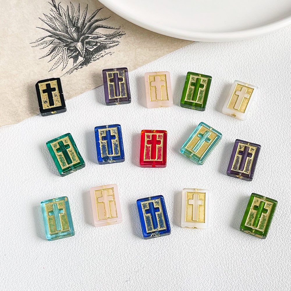Vintage Cross Lampwork Glass Beads 17mm Gilded Rectangular 50pcs