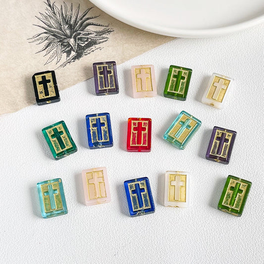 Vintage Cross Lampwork Glass Beads 17mm Gilded Rectangular 50pcs