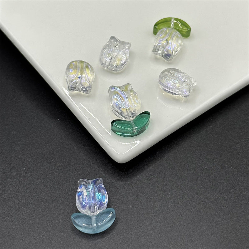 Tulip Transparent Glass Beads 12mm Pink Green Floral 100pcs 7
