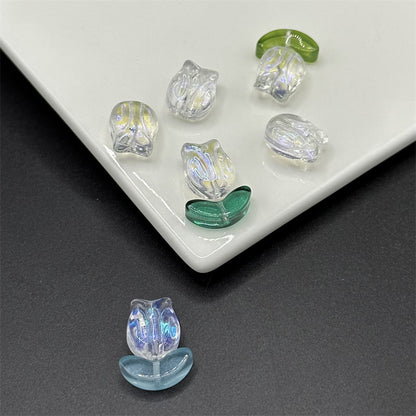 Tulip Transparent Glass Beads 12mm Pink Green Floral 100pcs 7