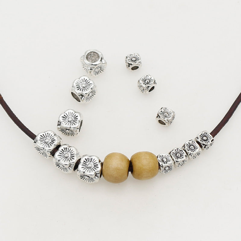 Square Metal Beads 5/8mm Tibetan Four-Sided Flower Antique Silver Tone