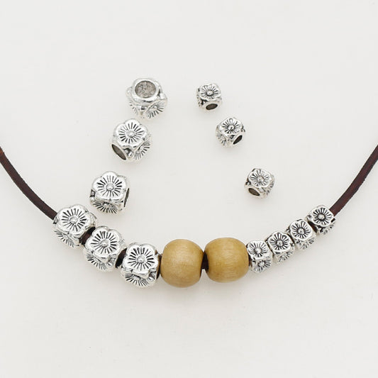 Square Metal Beads 5/8mm Tibetan Four-Sided Flower Antique Silver Tone