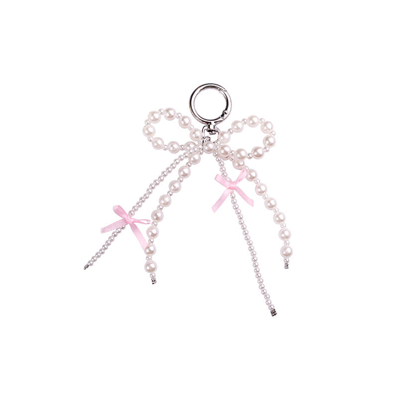 Pearl Bow Keychain Pink Satin Ribbon Resin Metal 2pcs 5