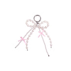 Pearl Bow Keychain Pink Satin Ribbon Resin Metal 2pcs 5