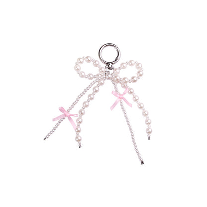 Pearl Bow Keychain Pink Satin Ribbon Resin Metal 2pcs 5