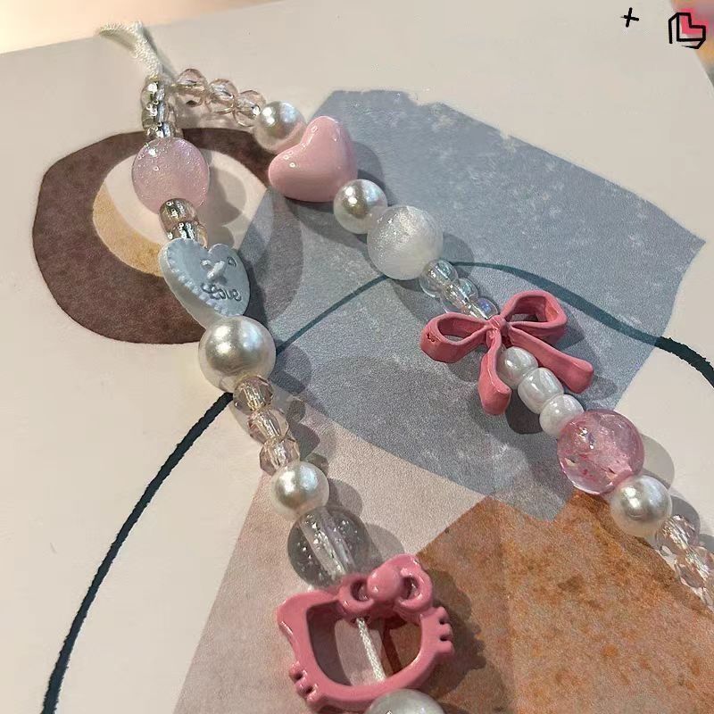 Pink Acrylic Beaded Hello KT Phone Charm Soft Pastel Style 2pcs 3