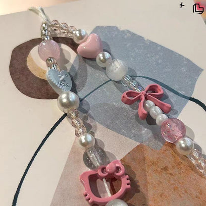 Pink Acrylic Beaded Hello KT Phone Charm Soft Pastel Style 2pcs 3