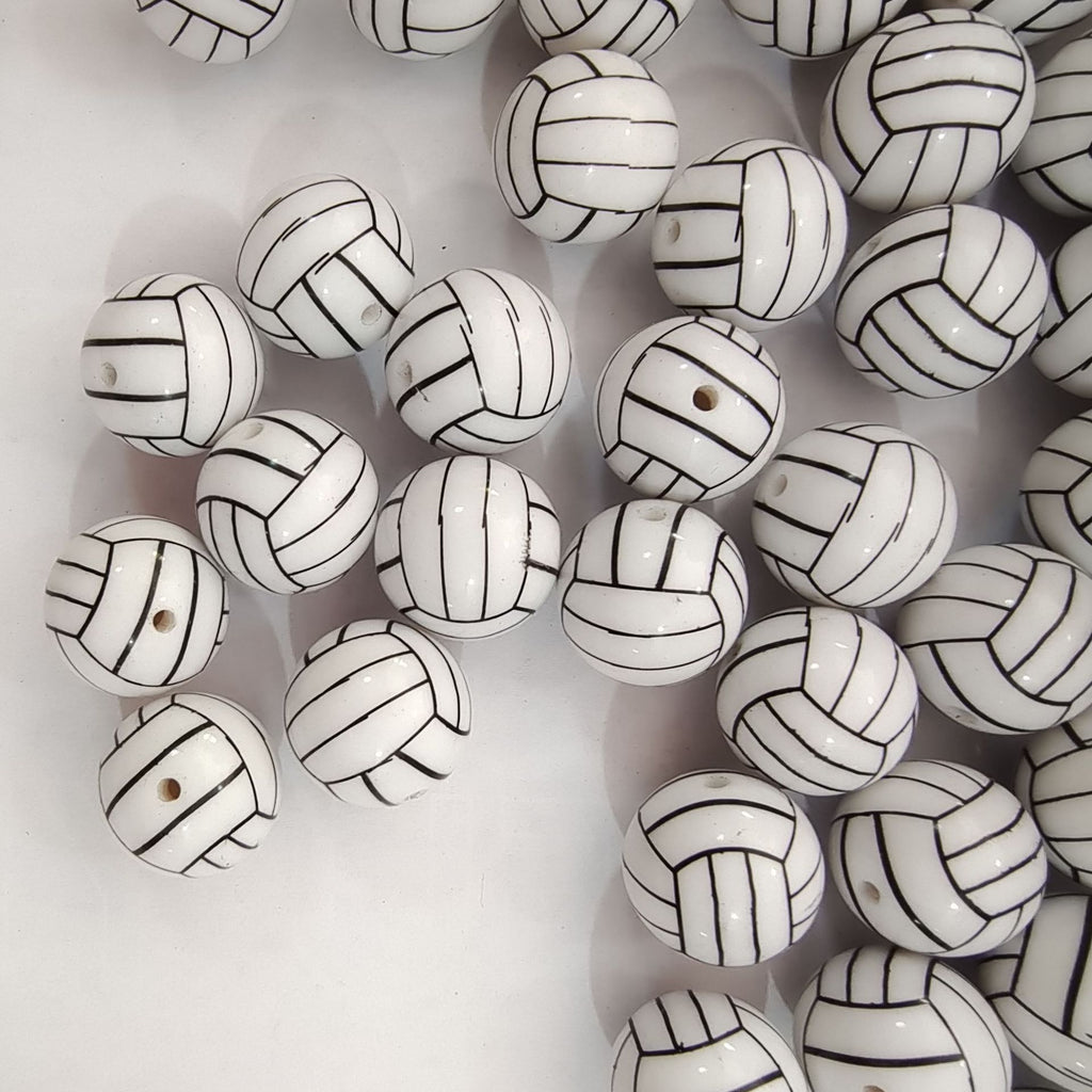 Sports Bubblegum Beads 20mm White Volleyball Design 10pcs
