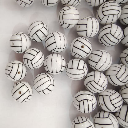 Sports Bubblegum Beads 20mm White Volleyball Design 10pcs