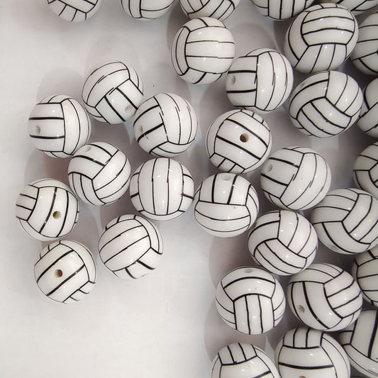 Sports Bubblegum Beads 20mm White Volleyball Design 10pcs