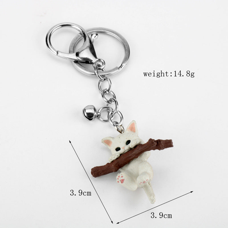 Resin Cat Keychain Cartoon Playful White Kitten with Branch Charm 4