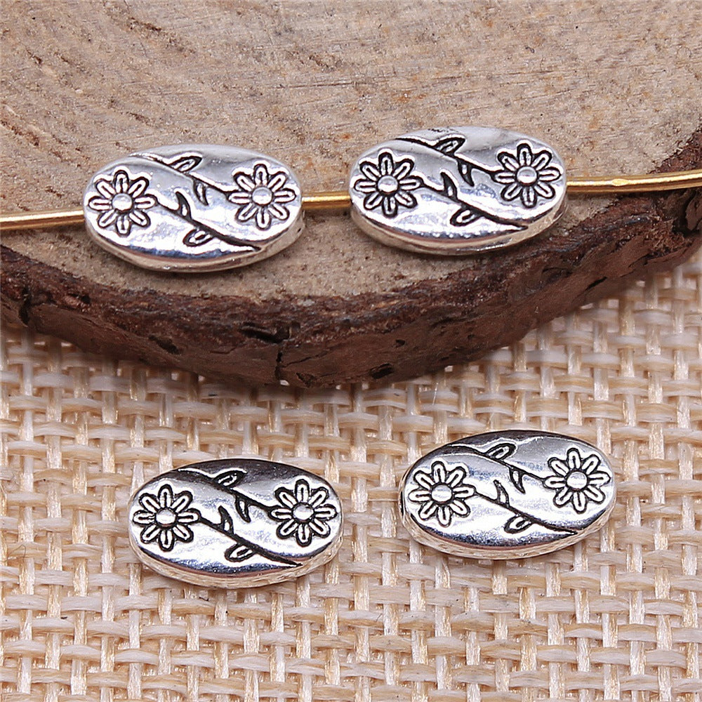 Oval Flower Engraving Metal Beads 10mm Antique Silver Tone 60pcs 2