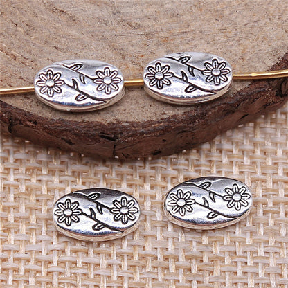 Oval Flower Engraving Metal Beads 10mm Antique Silver Tone 60pcs 2