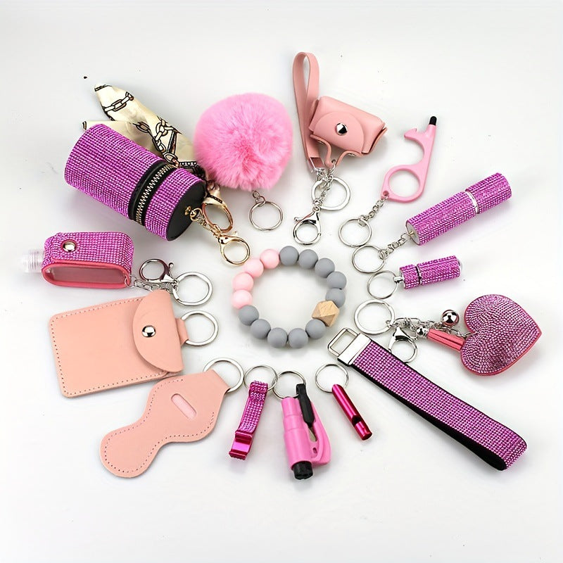 Self Defense Keychain Set Rhinestone Pom Pom Metal 15pcs 2