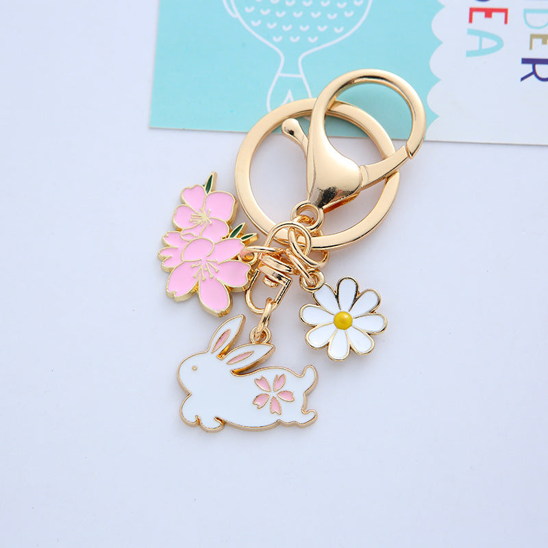 Metal Cherry Blossom Rabbit and Cat Keychain Gold Floral Design 6