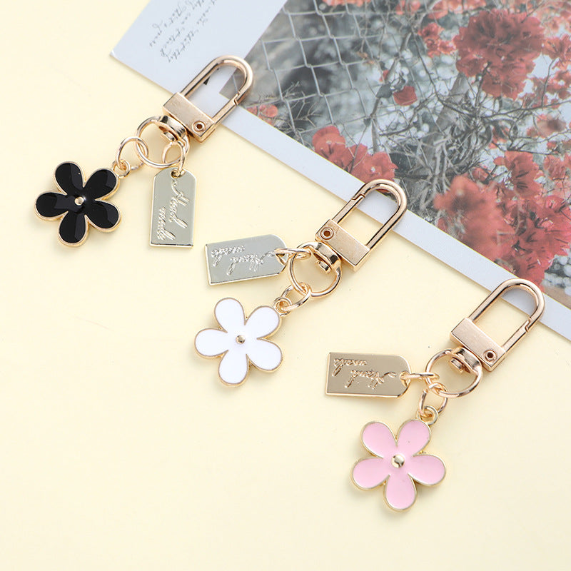 Enamel Metal Daisy Keychain Gold Outline Black White Pink 2