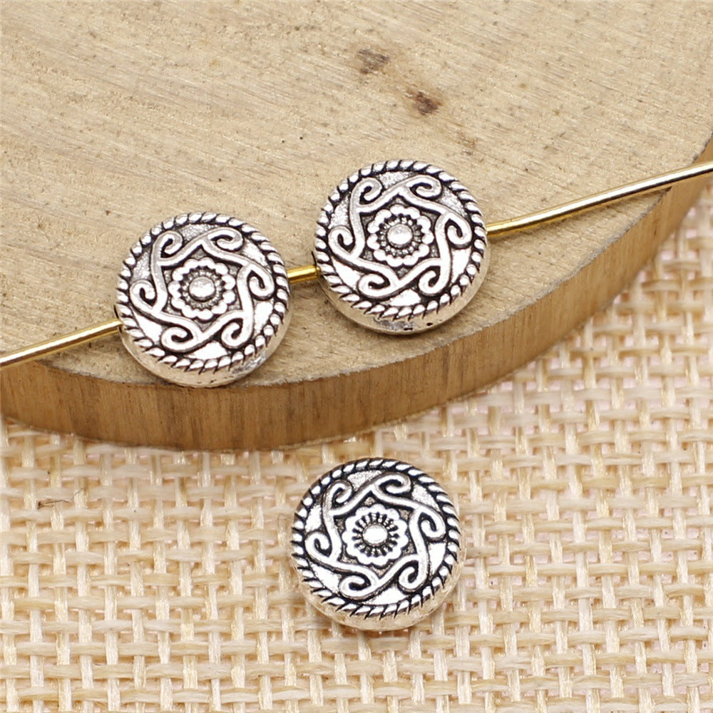 Flat Metal Beads 9mm Vintage Totem Pattern Antique Silver Tone 100pcs