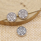 Flat Metal Beads 9mm Vintage Totem Pattern Antique Silver Tone 100pcs