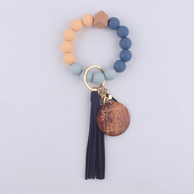 Silicone Bead Wristlet Keychain with Wood Tag and Leather Tassel MAMA 13