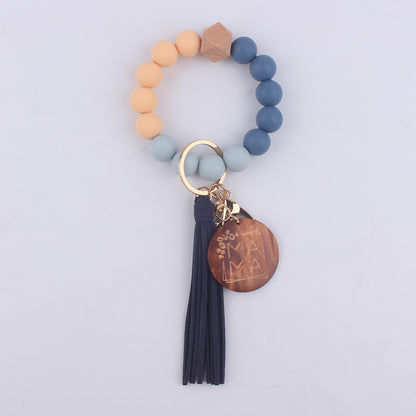 Silicone Bead Wristlet Keychain with Wood Tag and Leather Tassel MAMA 13