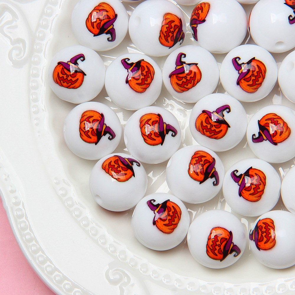 Halloween Printed Acrylic Beads 16mm Pumpkin Ghost Designs 4