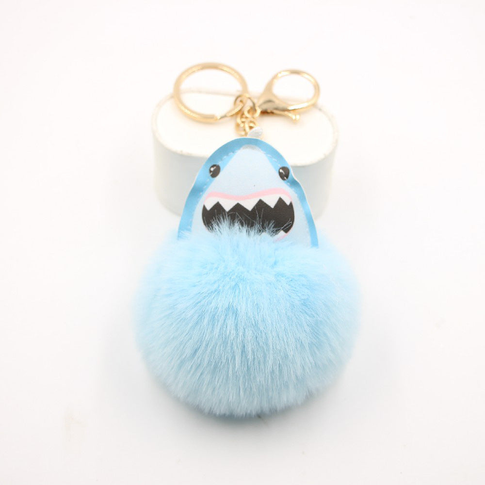 Plush Shark Keychain Blue Leather Face Fluffy Pom Pom Belly 14