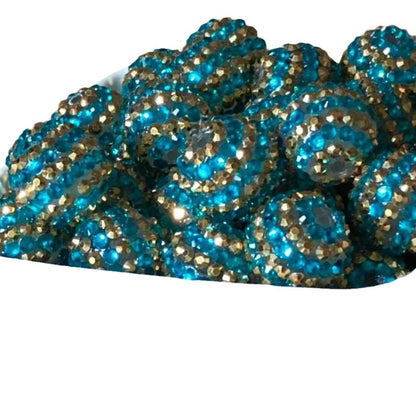 Plated Bubblegum Beads 16-22mm Blue Gold Striped Rhinestone 5pcs 2