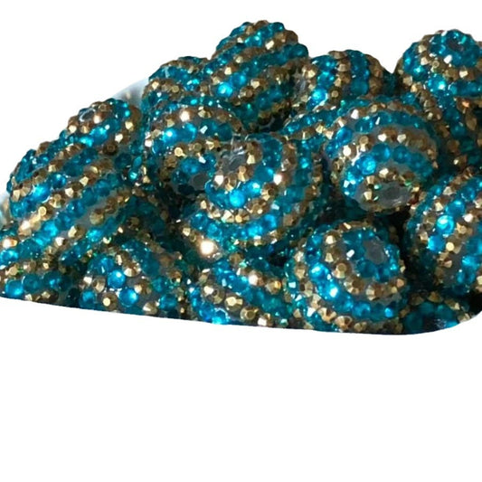 Plated Bubblegum Beads 16-22mm Blue Gold Striped Rhinestone 5pcs 2