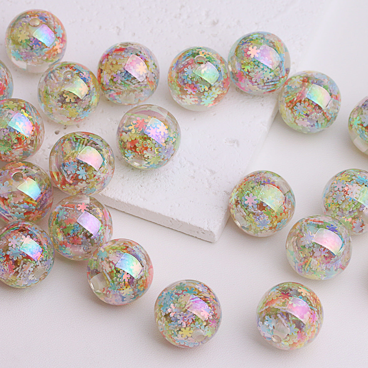 Iridescent Snowflake Resin Beads 16mm Round Translucent 20pcs 4