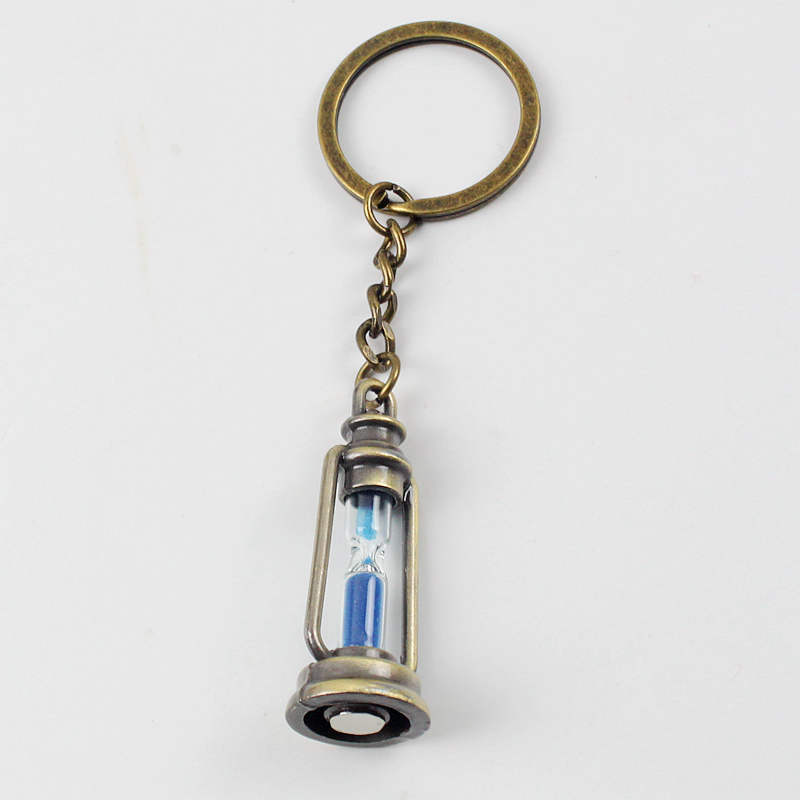 Vintage Metal Kerosene Lamp Hourglass Keychain with Colorful Sand 9