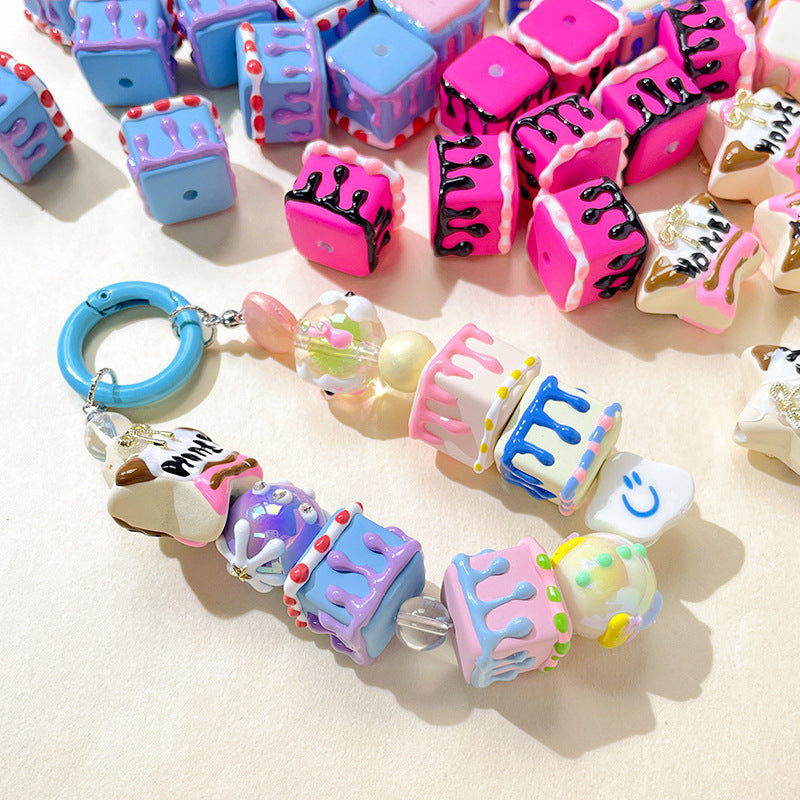 Painted Square Acrylic Beads 2.7mm Hand Drawn Cream Cake Design 5